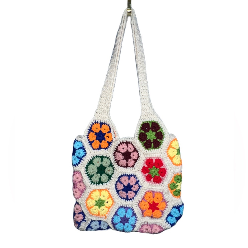 Handmade Crochet Vibrant Retro Floral Shoulder Bag